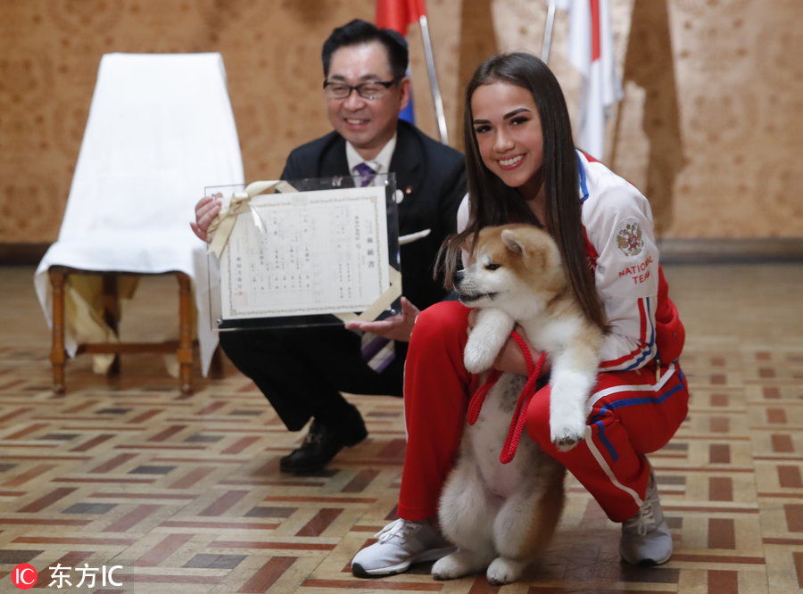 俄罗斯花滑名将扎吉托娃获赠秋田犬 安倍晋三出席赠送仪式