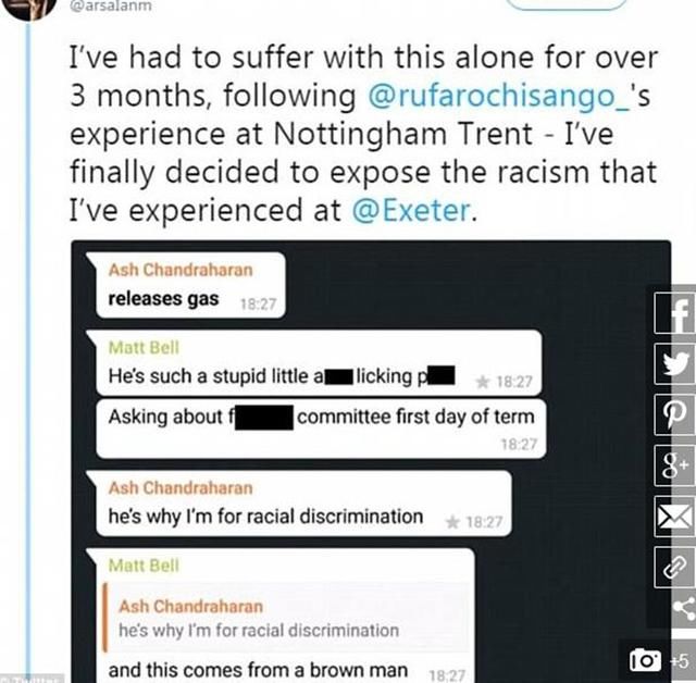 英国埃克塞特大学将散布种族主义言论的涉事学