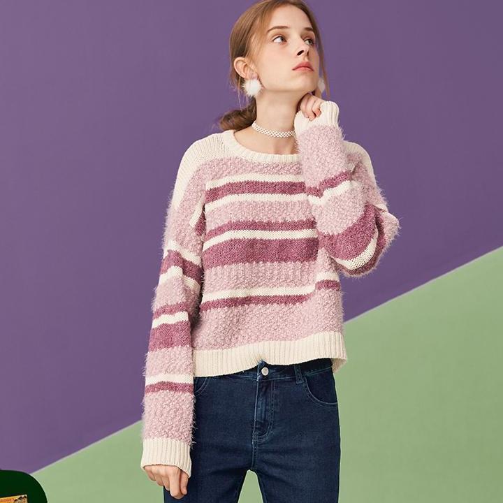 冬季复古慵懒风的条纹毛衣, 打底单穿都好看