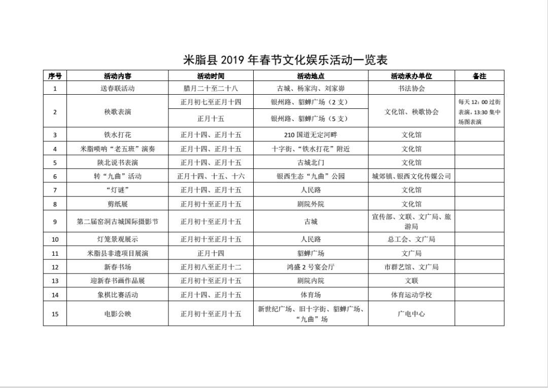 米脂县2019年春节文化娱乐活动安排