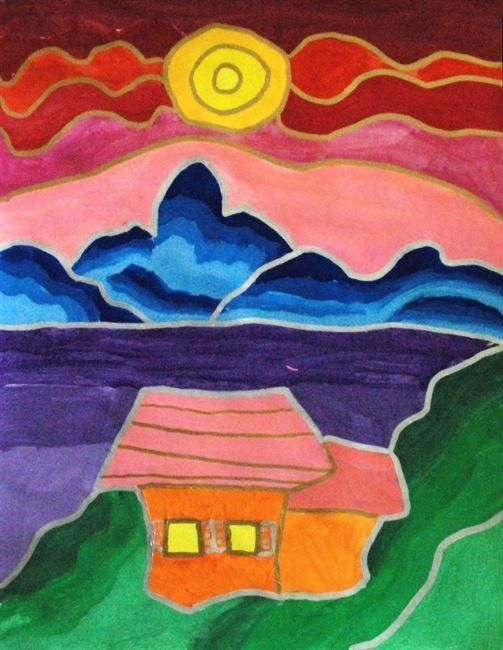 儿童创意美术作品:户外风景与多种小房子绘画