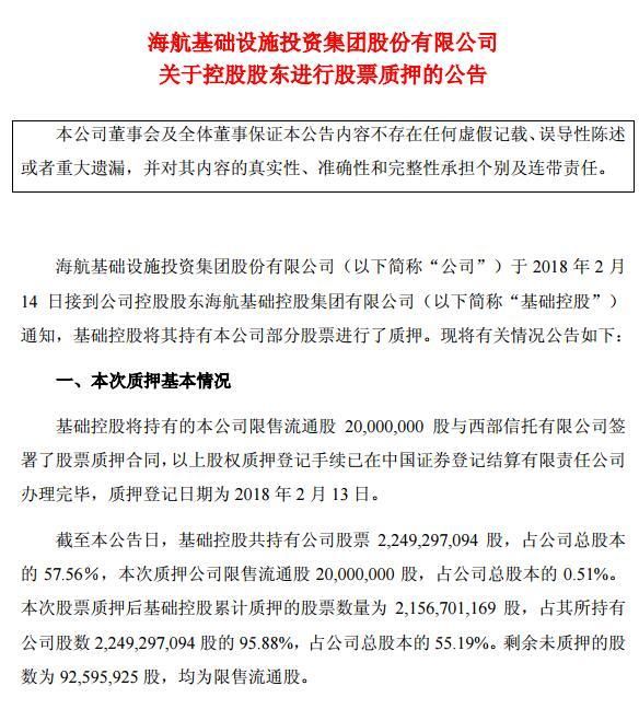 海航基础：控股股东质押2000万股 补充流动资金