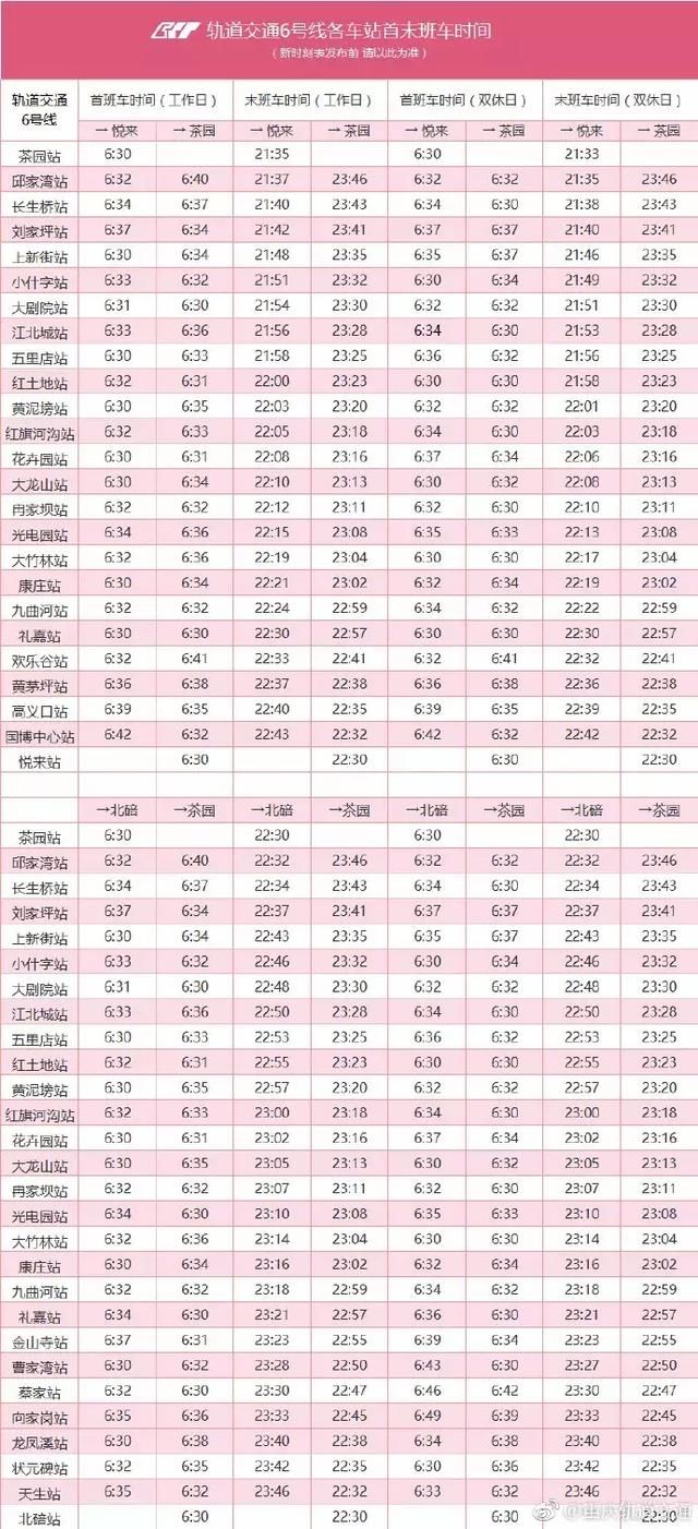 2018重庆最新轨道交通时刻表出炉!收藏起来!