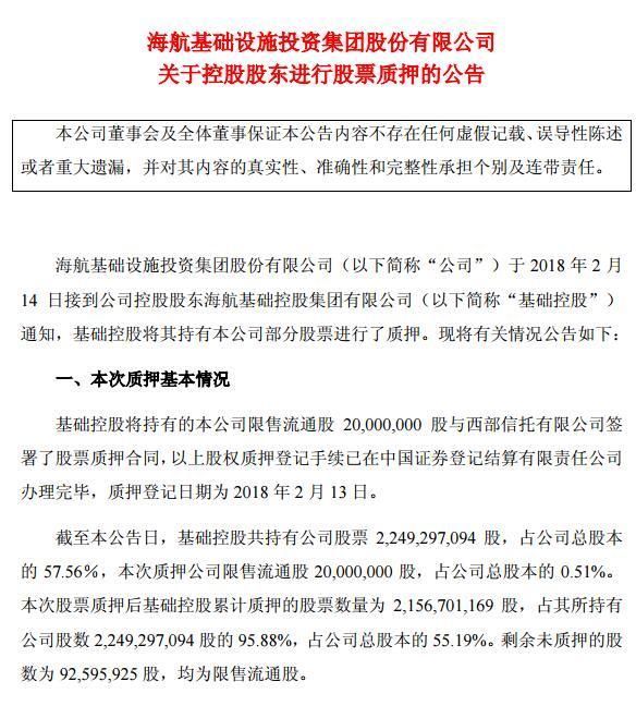 海航基础:控股股东质押2000万股 补充流动资金