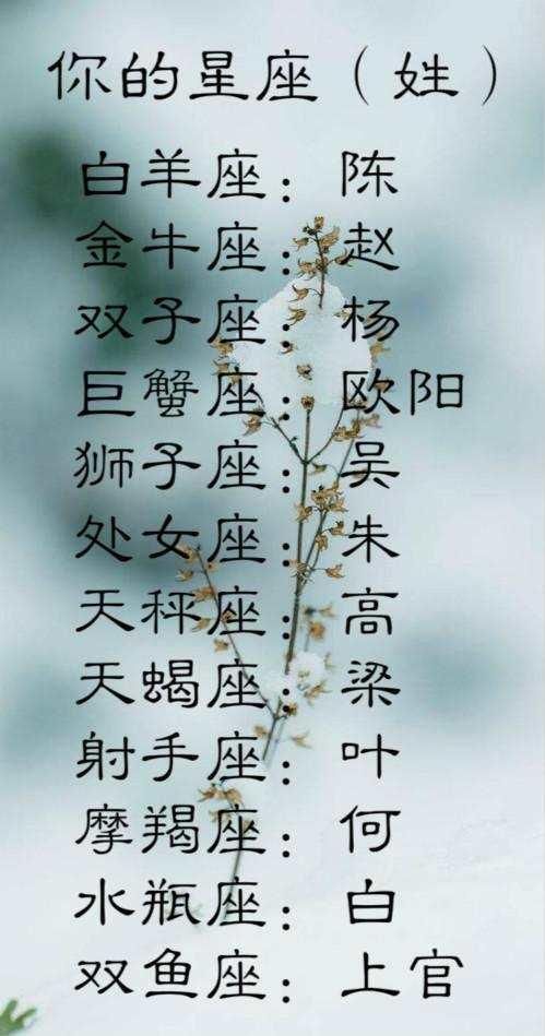 你的星座(姓)白羊座:陈金牛座:赵双子座:杨巨蟹座:欧阳狮子座天蝎座女v星座后会跑娘家吗图片
