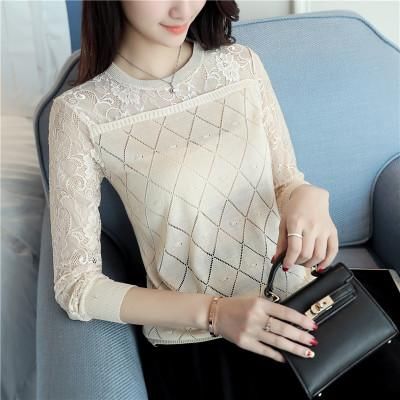2017秋季新款女装,长袖网纱蕾丝针织衫,宽松显