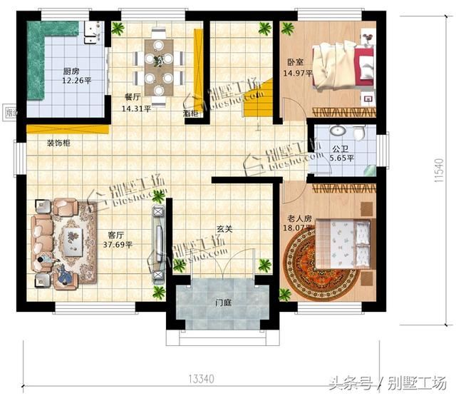 13.34X11.54m二层别墅带老人房设计,你养我长大,我陪你变老!