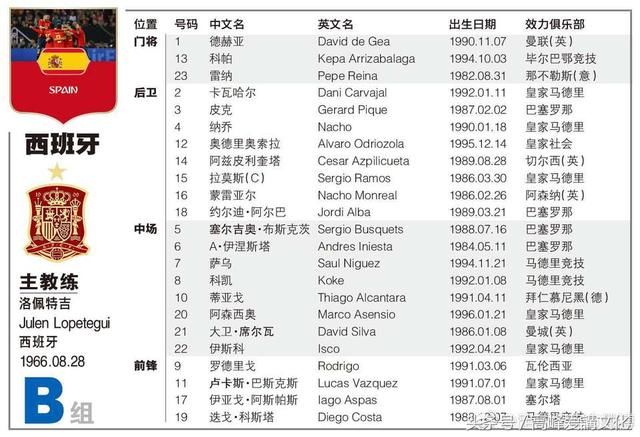 世界杯 B组国家队球员名单及所属俱乐部