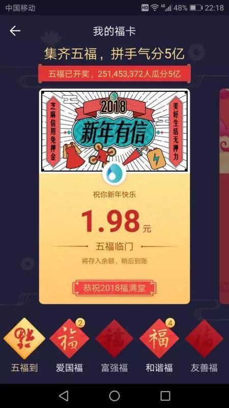 支付宝集五福:2.5亿人分5亿元 为何大家还这么拼?