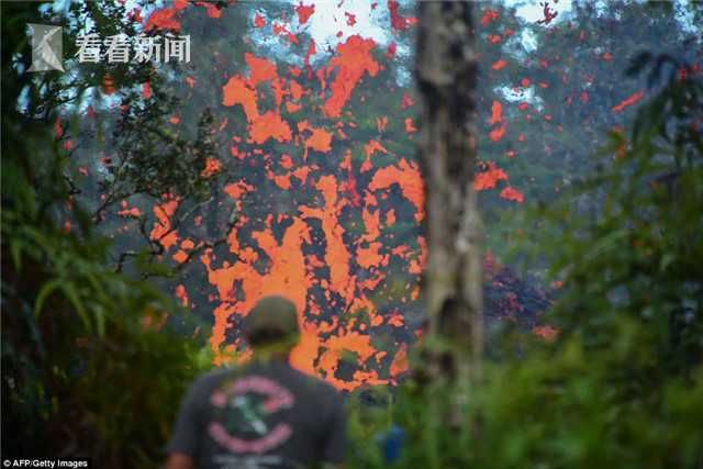 夏威夷火山大爆发 熔岩溅射铺\＂火光地毯\＂