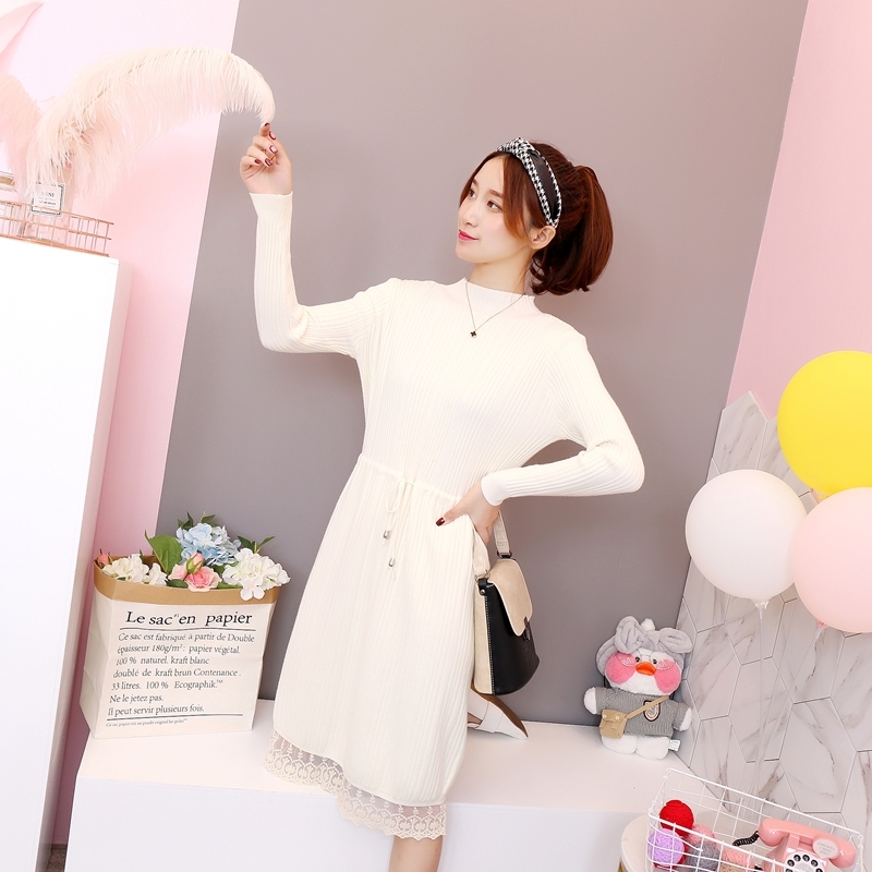 领券50元后49元-蕾丝毛衣裙女套头韩版半高领