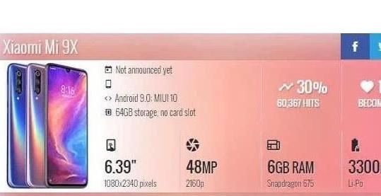 小米9X主要参数全曝光:骁龙675+后置三摄,价格