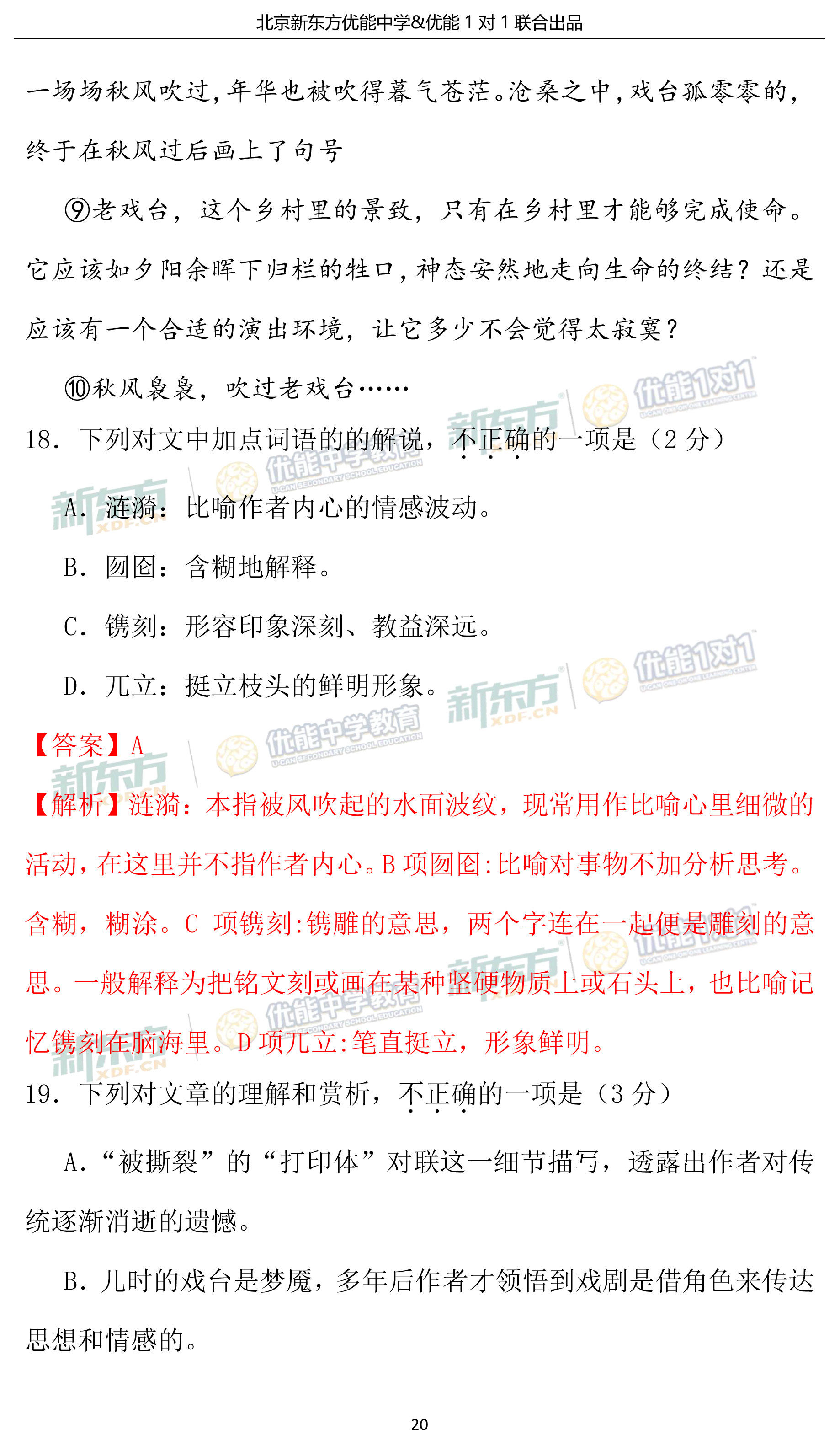 2019朝阳区高三期末 语文考试逐题解析