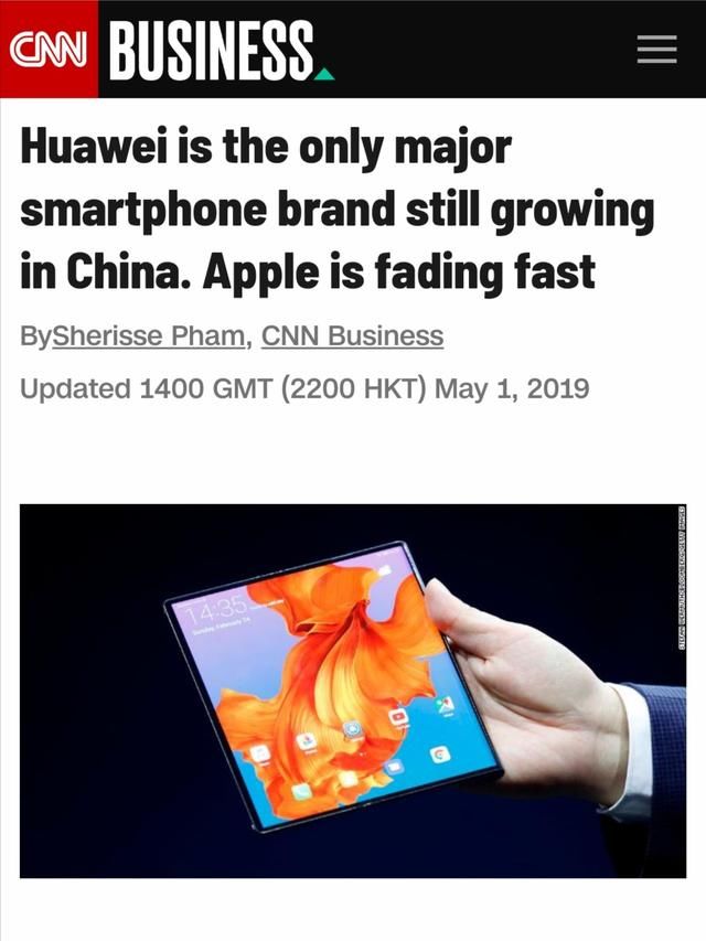 媒体:华为智能手机销售大幅增长 苹果手机衰落