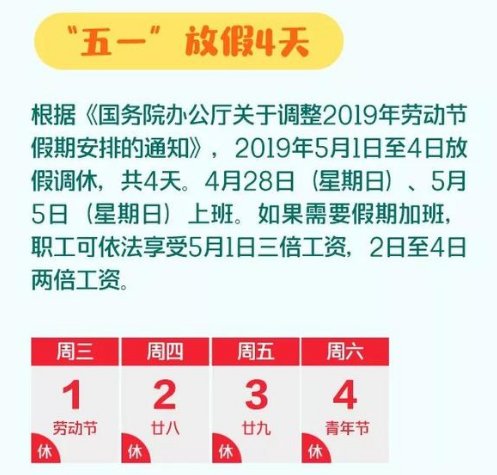 五一放假安排2019 5月1日加班工资几倍及高速