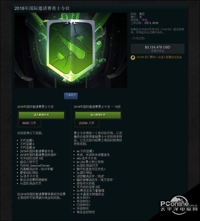 DOTA2TI8勇士令状上架 奖金已超310万美元