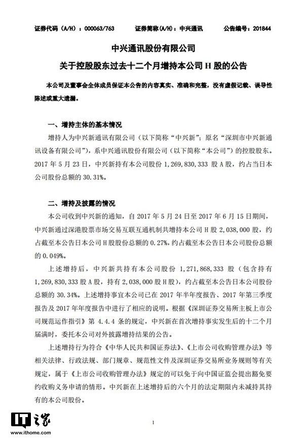 控股股东中兴新通讯增持中兴通讯203.8万H股