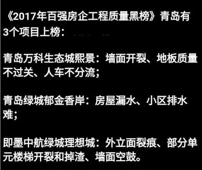 2017年中国百强房企工程质量“黑榜”出炉，青岛万科、绿城上榜!