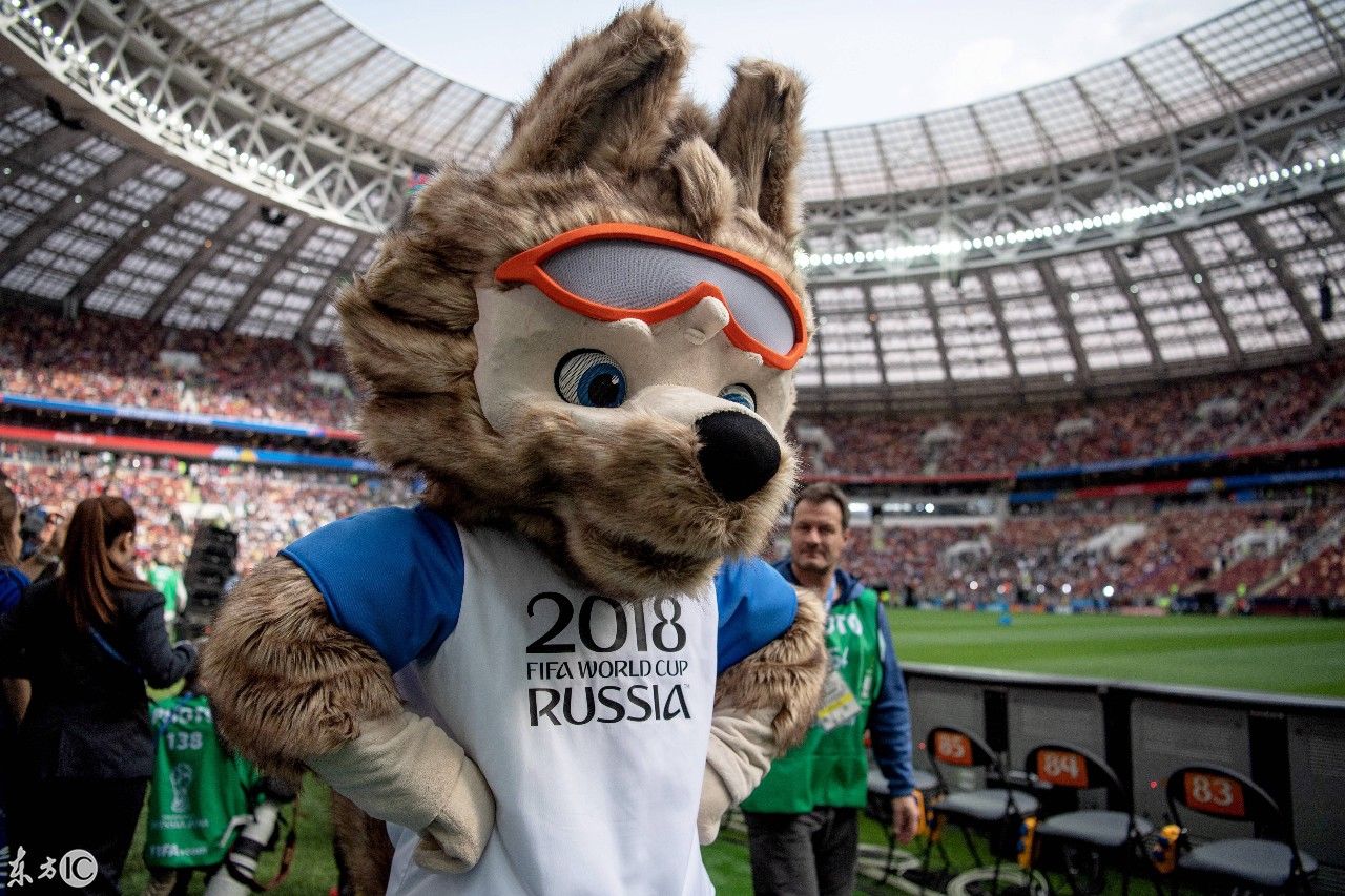 世界杯小组赛俄罗斯和沙特阿拉伯之间的比赛，吉祥物也在现场
