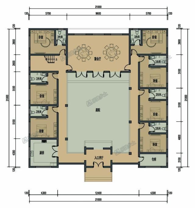 21X21米中式自建房,对称设计,超大露台,自然雅致