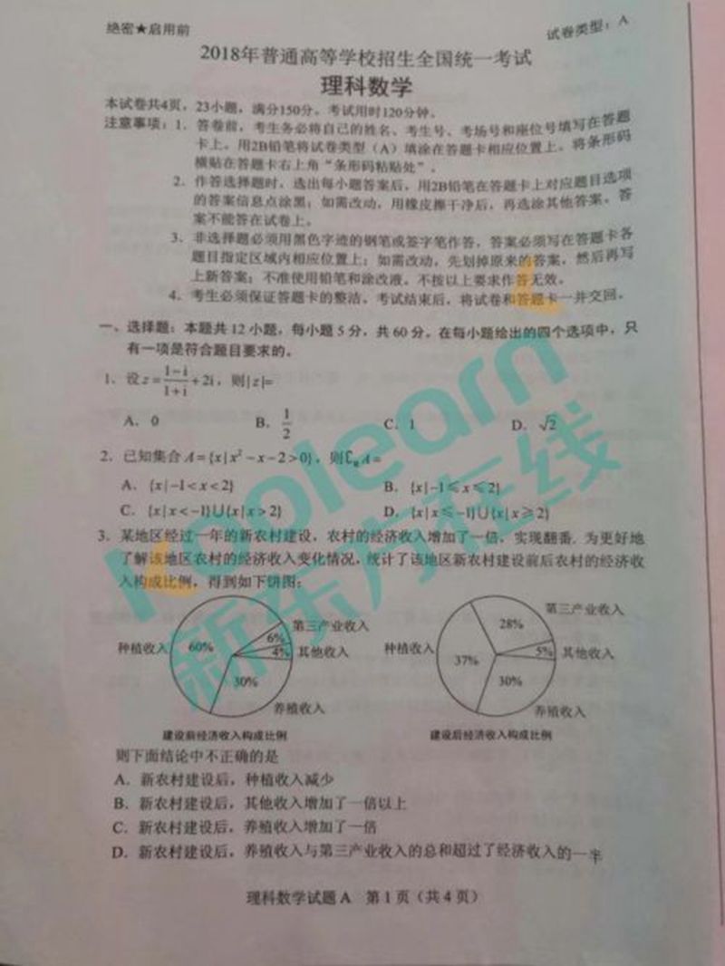 2018年高考全国1理科数学试题曝光 你觉得和