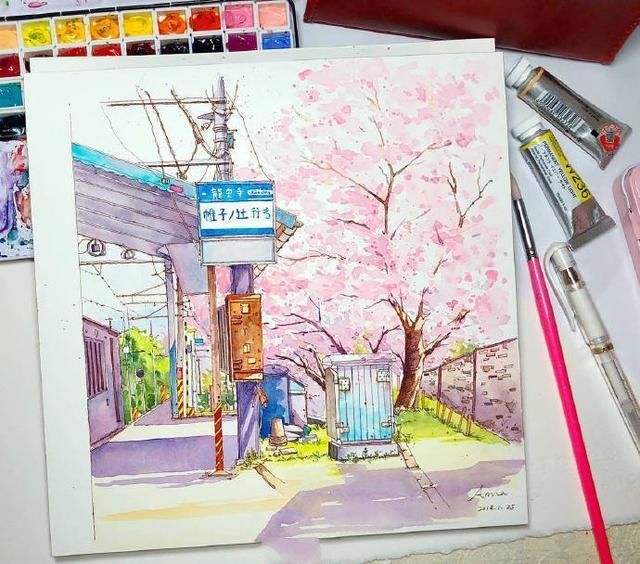 日本风景水彩画教程,动漫中的场景用笔画出来好美