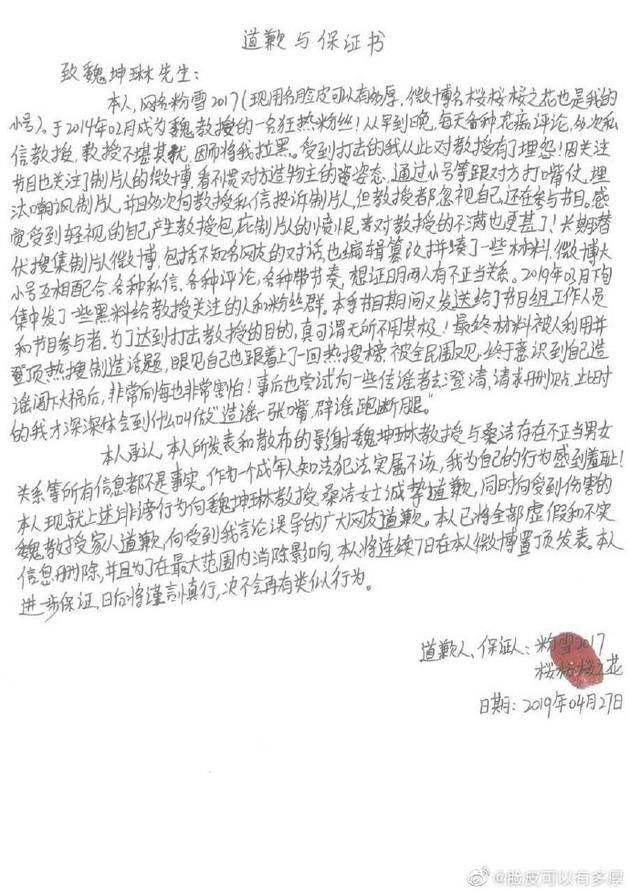 网友承认篡改拼凑材料 造谣魏坤琳桑洁不正当