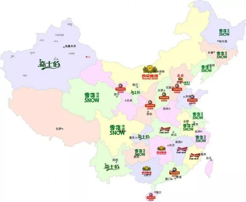 中国啤酒地图:雪花,青岛,燕京,百威,嘉士伯,各是哪省人的最爱?图片