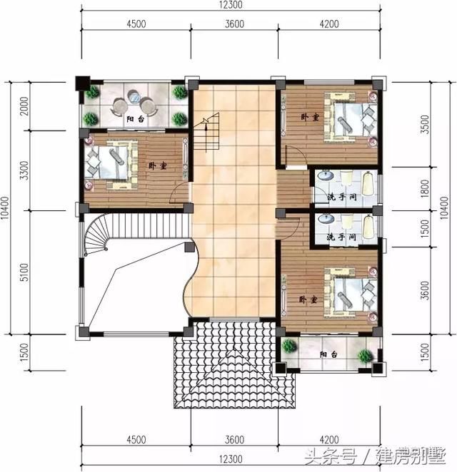 2款神相似的三层别墅，旋转楼梯+客厅中空，户型中的“女神”款